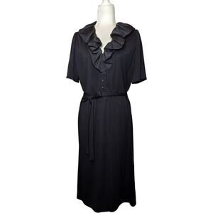VTG Umba Parues Feinstein LBD Black Belted Dress Satin Ruffle Collar Women's Med